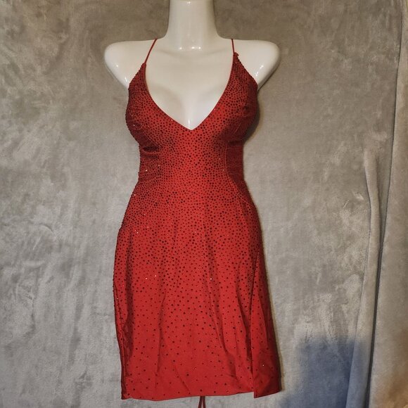 Lucci Lu Red Rhinestone Spaghetti Strap Backless Bodycon Zip up SZ 4 Sexy‎ Dress - Picture 5 of 9